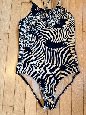 J CREW CREWCUTS Girls Zebra one piece Swimsuit in Black & Cream Size 14 EUC